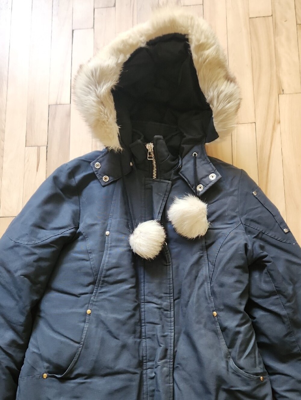 Moose Knuckles Navy Puffer Parka with Faux Fur Hood - Picture 2 of 16
